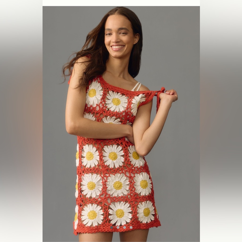 Anthropologie Red Crochet Dress with Daisy Accents